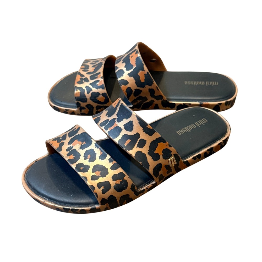 Mini Melissa Kids Leopard Print Double Strap Vegan Slide Sandals, Gold‎ Black, 2